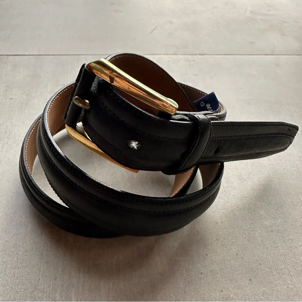 Mezlan Black Leather Belt with Brass Buckle - 38